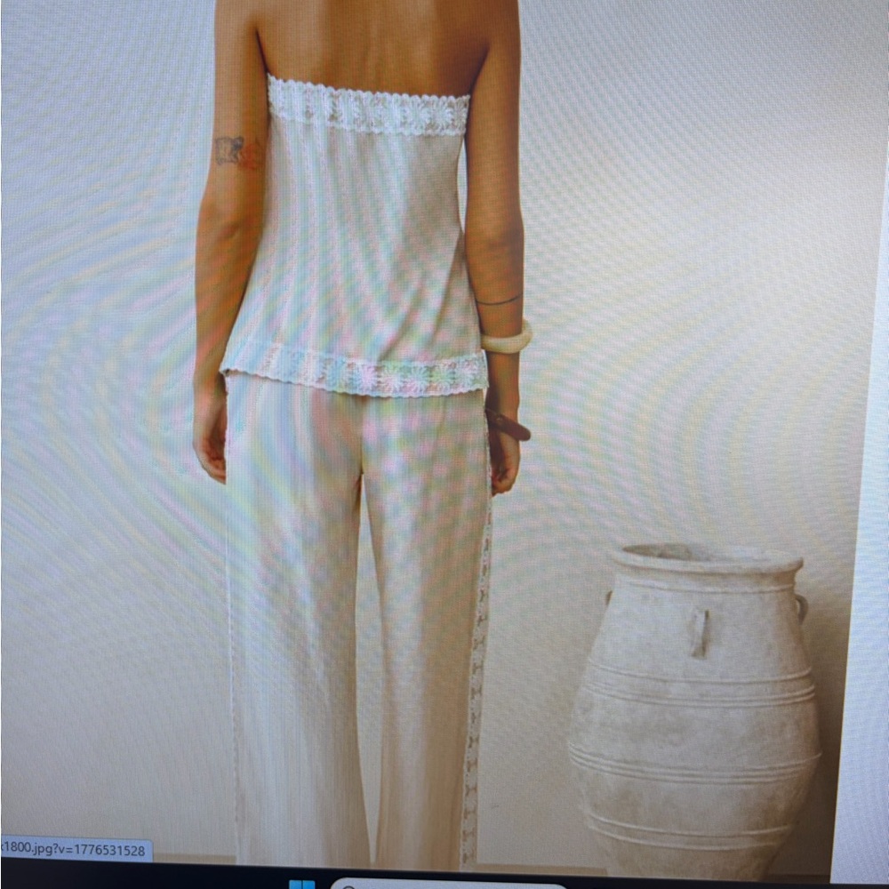Commense Cream Wide-Leg Trousers with Lace Side Trim - Picture 2 of 3